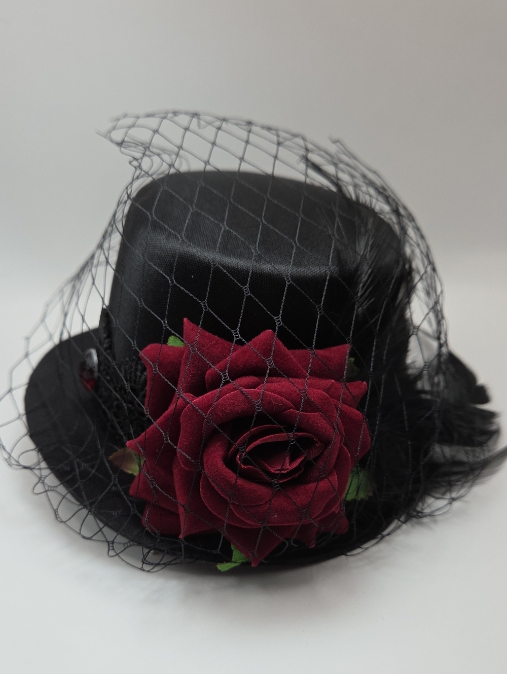 Black Mini Top Hat with Red Rose and Veil